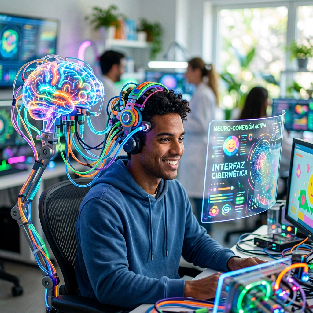 Young man using cybernetic brain-computer interface with holographic display
